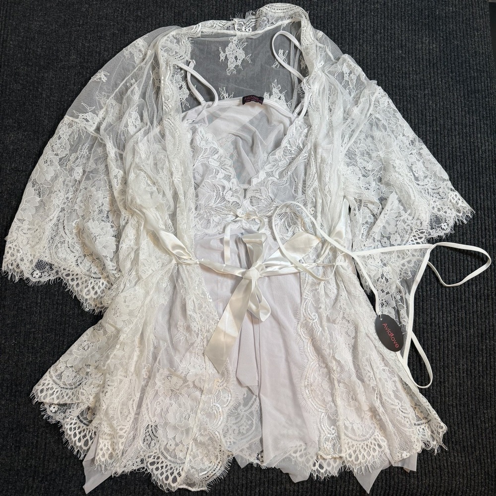 Avidlove 3 pc Lingerie Lace Babydoll Kimono Boudoir Bridal Wedding White GString